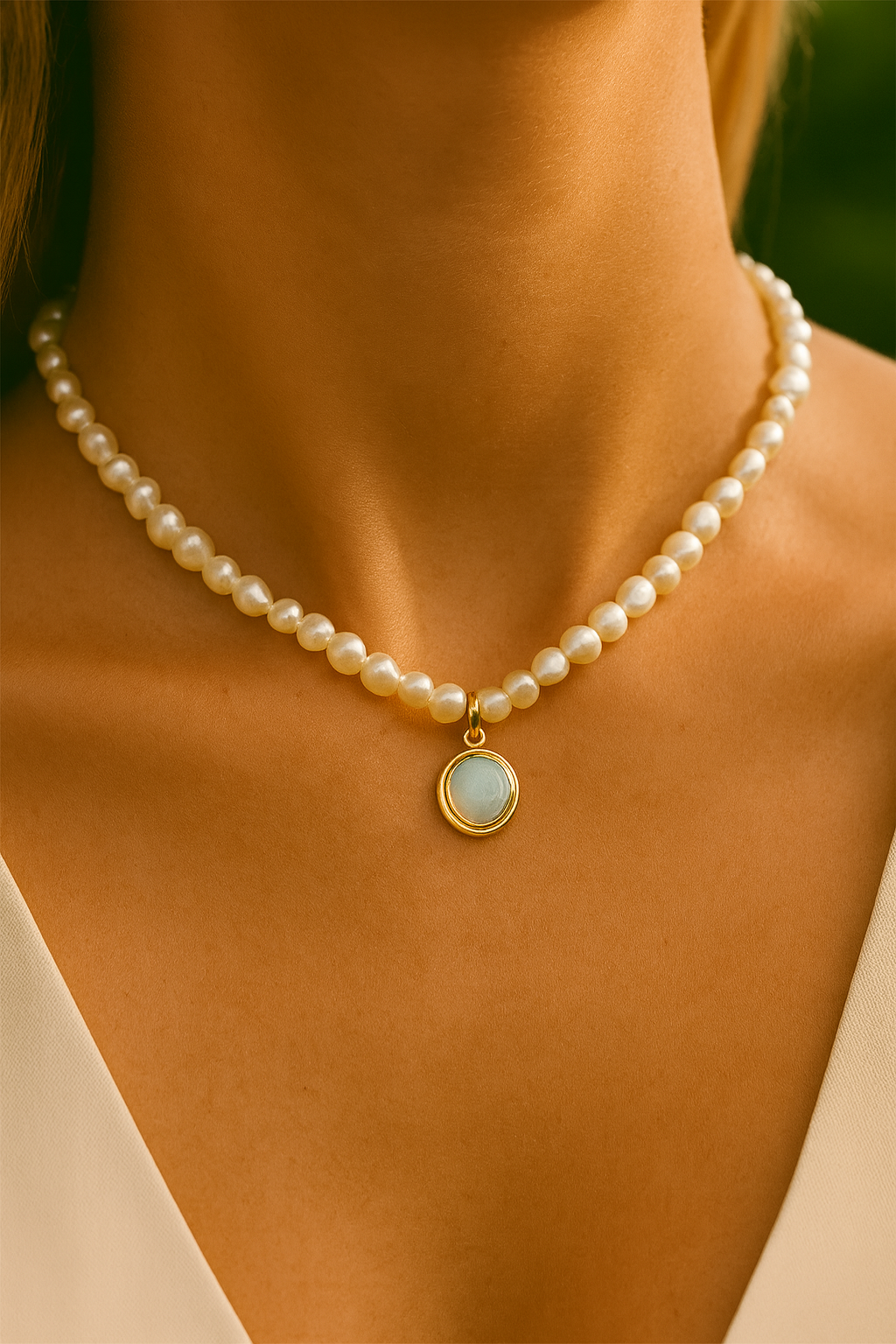 Collier med Sötvattenspärlor & Månsten i Guld – Tidlös elegans & naturlig charm